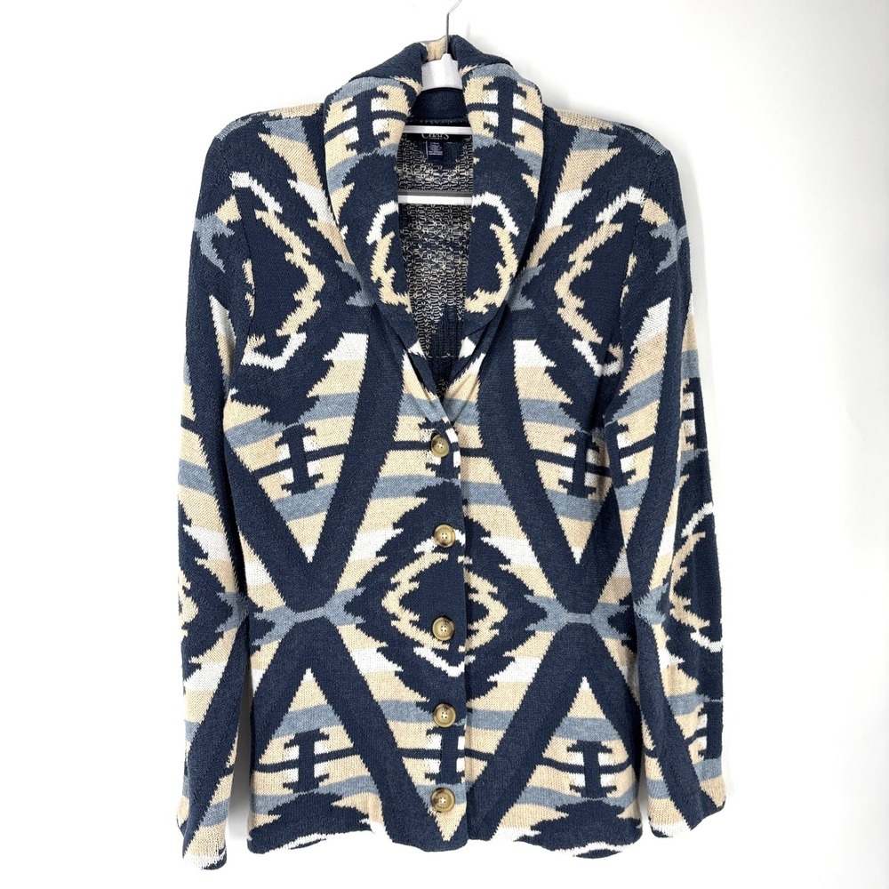 Chaps Denim Southwestern Geometric Cardigan Womens Large Blue Shawl Collar